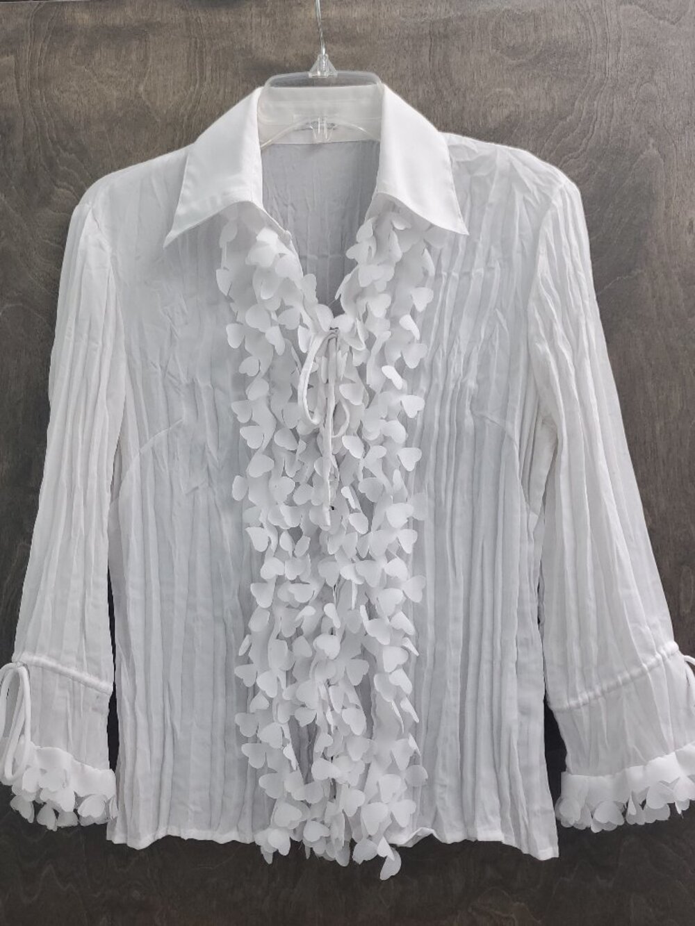 Jaipur S White Sheer Crinkle Collared Blouse 3/4 Sleeve Heart Ruffle Bohemian
